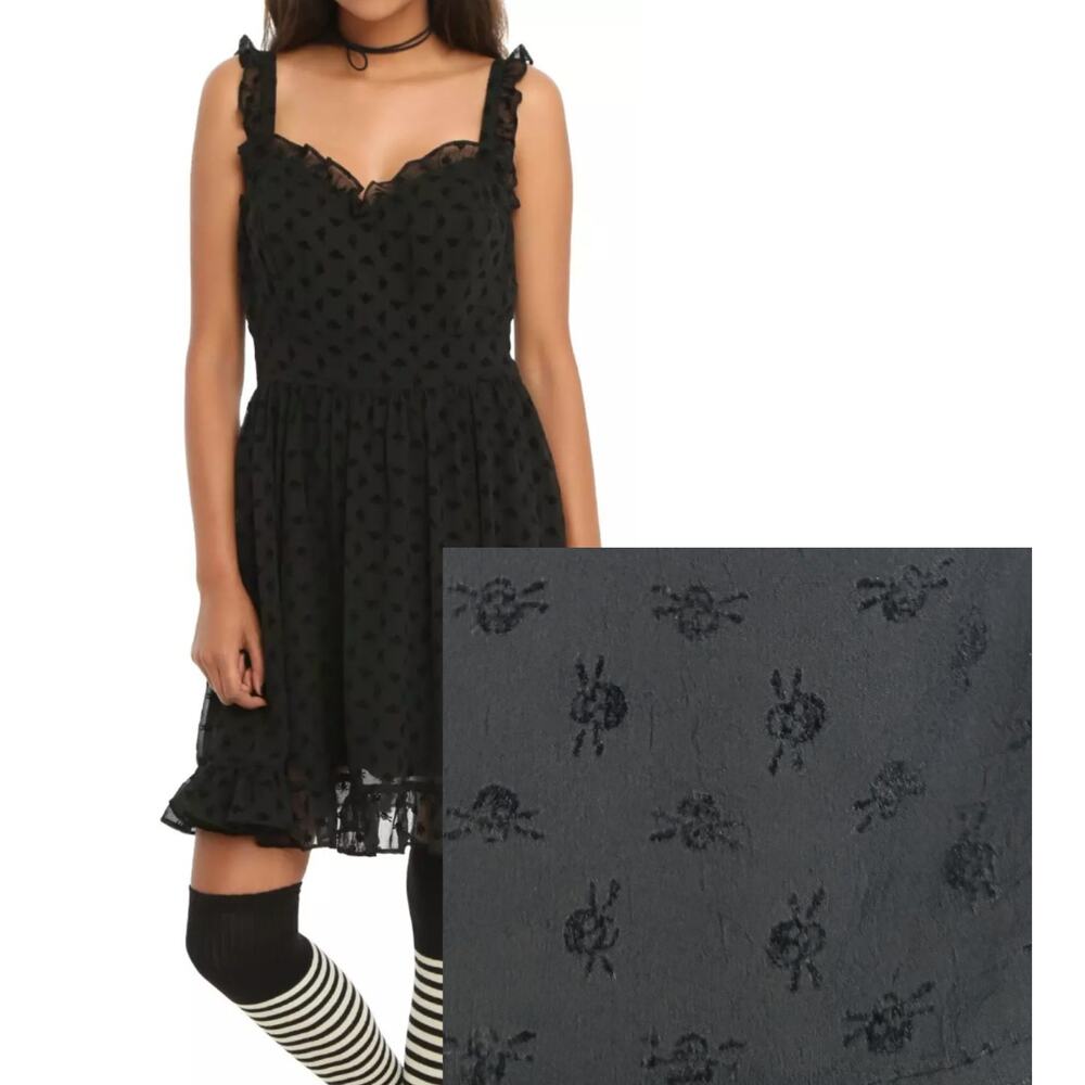 Royal Bones by Tripp Black Flocked Skull Mini Dress Y2K Goth Dark Fairy Grunge